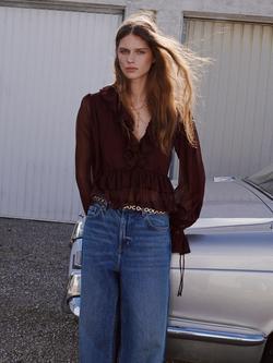 Mango Long Sleeve Sheer Peplum Blouse, Chocolate, Chocolate