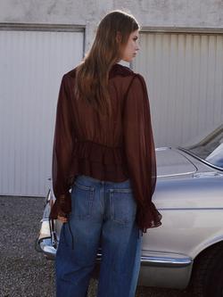 Mango Long Sleeve Sheer Peplum Blouse, Chocolate - view 2, Chocolate