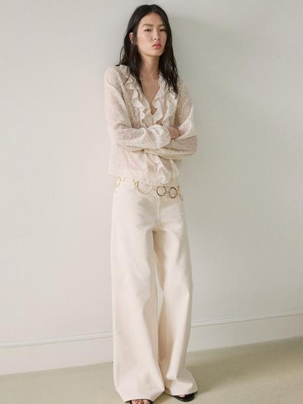 Mango Long Sleeve Ruffle Blouse, Raw, Raw