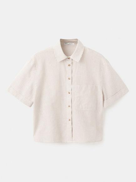 Mango Striped Cropped Short Sleeve Shirt, Sand, Sand