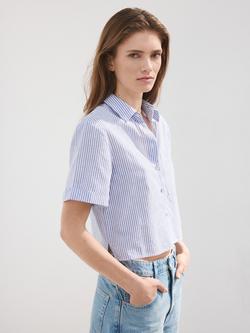Mango Striped Cropped Short Sleeve Shirt, Sky Blue, Sky Blue