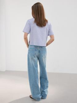 Mango Striped Cropped Short Sleeve Shirt, Sky Blue - view 2, Sky Blue