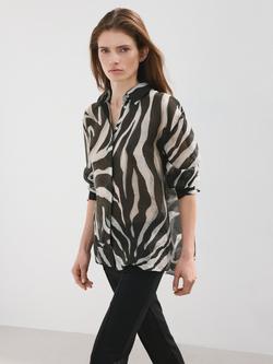 Mango Long Sleeve Relaxed Fit Printed Shirt, Black, Black