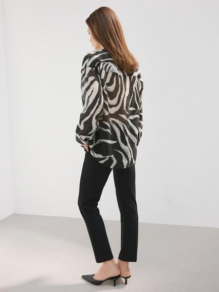 Mango Long Sleeve Relaxed Fit Printed Shirt, Black - view 2, Black