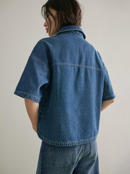 Mango Short Sleeve Boxy Fit Denim Shirt, Blue - view 2, Blue