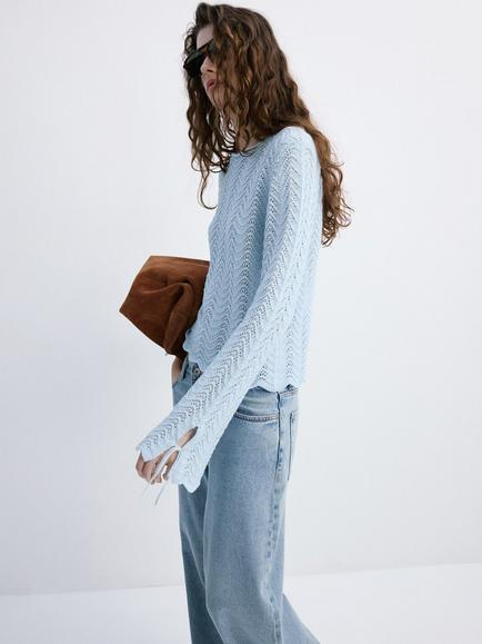 Mango Openwork Tie Sleeve Knitted Jumper, Sky Blue, Sky Blue