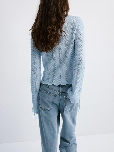 Mango Openwork Tie Sleeve Knitted Jumper, Sky Blue - view 2, Sky Blue