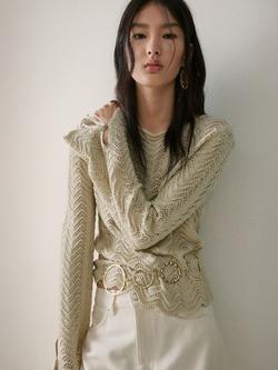 Mango Openwork Tie Sleeve Knitted Jumper, Sand, Sand