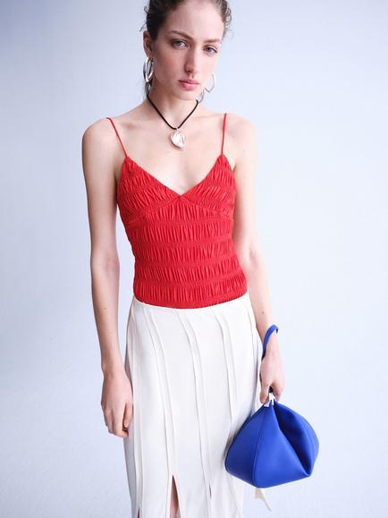 Mango Ruched V-Neck Bodysuit, Red, Red