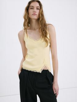 Mango V-Neck Lace-Trim Camisole, Pastel Yellow, Pastel Yellow