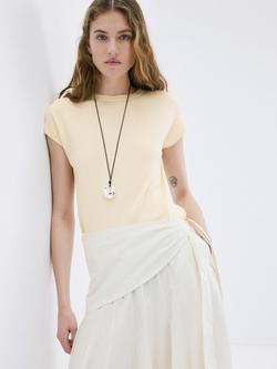 Mango Garci Short Sleeve Round Neck Top, Pastel Yellow, Pastel Yellow