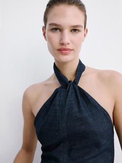 Mango Cropped Halter Neck Fitted Top, Soft Denim, Soft Denim