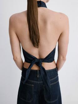 Mango Cropped Halter Neck Fitted Top, Soft Denim - view 2, Soft Denim