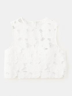 Mango Round Neck Cropped Floral Top, Off White, Off White