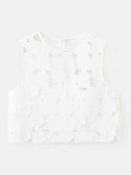 Mango Round Neck Cropped Floral Top, Off White, Off White