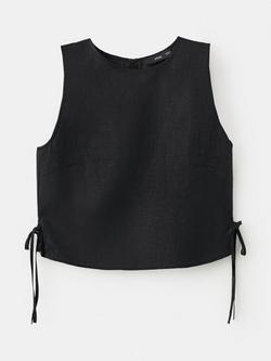 Mango Sleeveless Side Tie Linen Crop Top, Black
