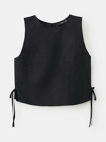 Mango Sleeveless Side Tie Linen Crop Top, Black
