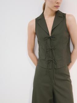 Mango Sleeveless V-Neck Tie Front Top, Khaki, Khaki