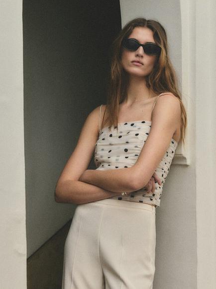 Mango Sleeveless Square Neck Ruched Crop Top, Raw, Raw