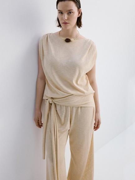 Mango Short Sleeve Round Neck Draped Top, Raw, Raw