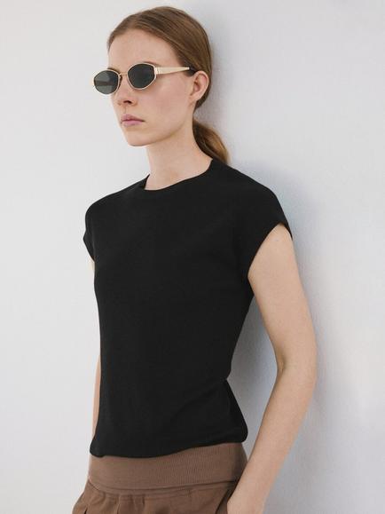 Mango Short Sleeve Round Neck Top, Black, Black