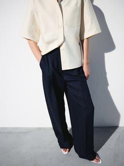 Mango Wide Leg Pinstripe Suit Trousers, Navy, Navy