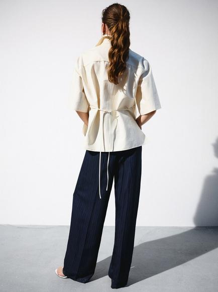 Mango Wide Leg Pinstripe Suit Trousers, Navy - view 2, Navy
