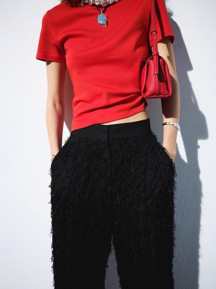 Mango Textured Straight Trousers, Black, Black