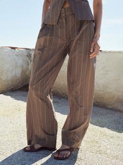 Mango Striped Wide Leg Pleated Trousers, Brown, Brown