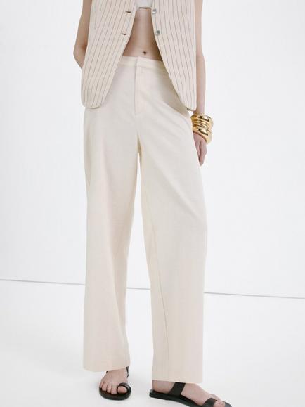 Mango High-Waist Wide-Leg Trousers, Beige, Beige