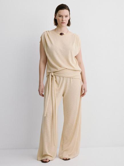 Mango High-Waist Knot-Tie Wide-Leg Trousers, Raw, Raw