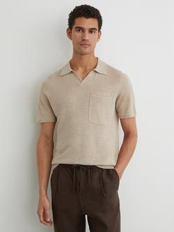 Reiss Fairmont Linen Open Collar Knit Short Sleeve Polo Shirt, Beige