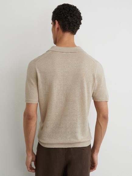 Reiss Fairmont Linen Open Collar Knit Short Sleeve Polo Shirt - view 2, Beige