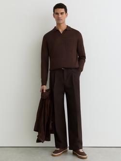 Reiss Oaklands Linen Open Collar Regular Fit Polo Shirt, Chocolate Brown, Chocolate Brown