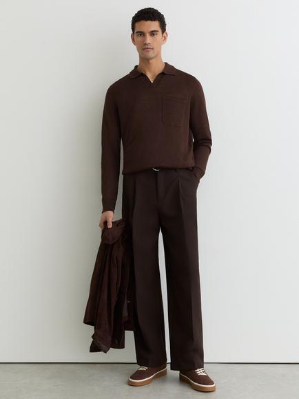 Reiss Oaklands Linen Open Collar Regular Fit Polo Shirt, Chocolate Brown, Chocolate Brown
