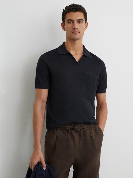 Reiss Fairmont Linen Open Collar Knit Short Sleeve Polo Shirt, Navy
