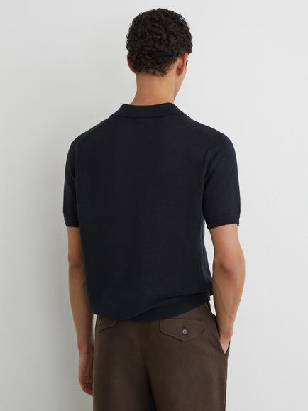 Reiss Fairmont Linen Open Collar Knit Short Sleeve Polo Shirt - view 2, Navy