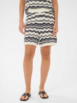 KAFFE Kaanna Knitted Mid Rise Scallop Trim Shorts, Chalk/Midnight, Chalk/Midnight