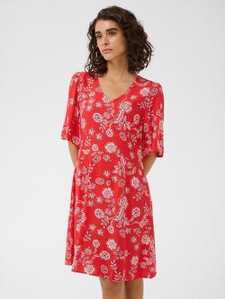 KAFFE Kaamina Short Sleeve Floral A-Line Dress, Poppy Red/Chalk, Poppy Red/Chalk