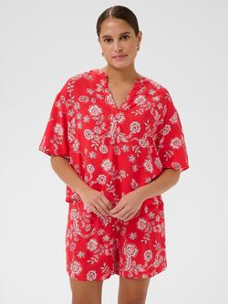 KAFFE Kaamina Short Sleeve Floral V-Neck Blouse, Poppy Red/Chalk, Poppy Red/Chalk