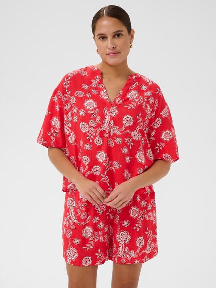 KAFFE Kaamina Short Sleeve Floral V-Neck Blouse, Poppy Red/Chalk, Poppy Red/Chalk