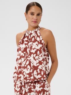 KAFFE Kaevie Floral Print Halterneck Top containing LENZING™ ECOVERO™ Viscose, Henna/Chalk, Henna/Chalk