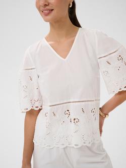 KAFFE Gertrude Embroidered V-Neck Blouse, Chalk, Chalk