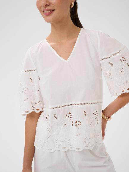 KAFFE Gertrude Embroidered V-Neck Blouse, Chalk, Chalk