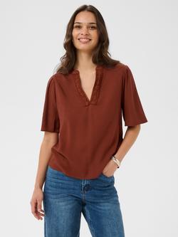 KAFFE Kagina Lace Trim V-Neck Blouse, Brown Mid, Brown Mid