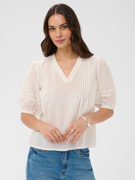 KAFFE Kavalerie Pintuck V-Neck Blouse, Chalk, Chalk