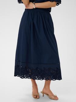 KAFFE Gertrude Embroidered Hem Midi Skirt, Midnight Marine, Midnight Marine