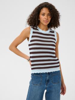 KAFFE Kahillay Crochet Knitted Vest Top, Brown/Blue, Brown/Blue