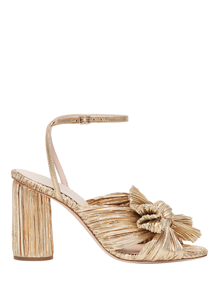 Loeffler Randall Camellia Pleated Bow Block Heel Sandals, Gold, Gold