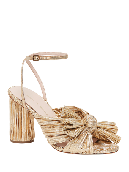 Loeffler Randall Camellia Pleated Bow Block Heel Sandals, Gold - view 2, Gold